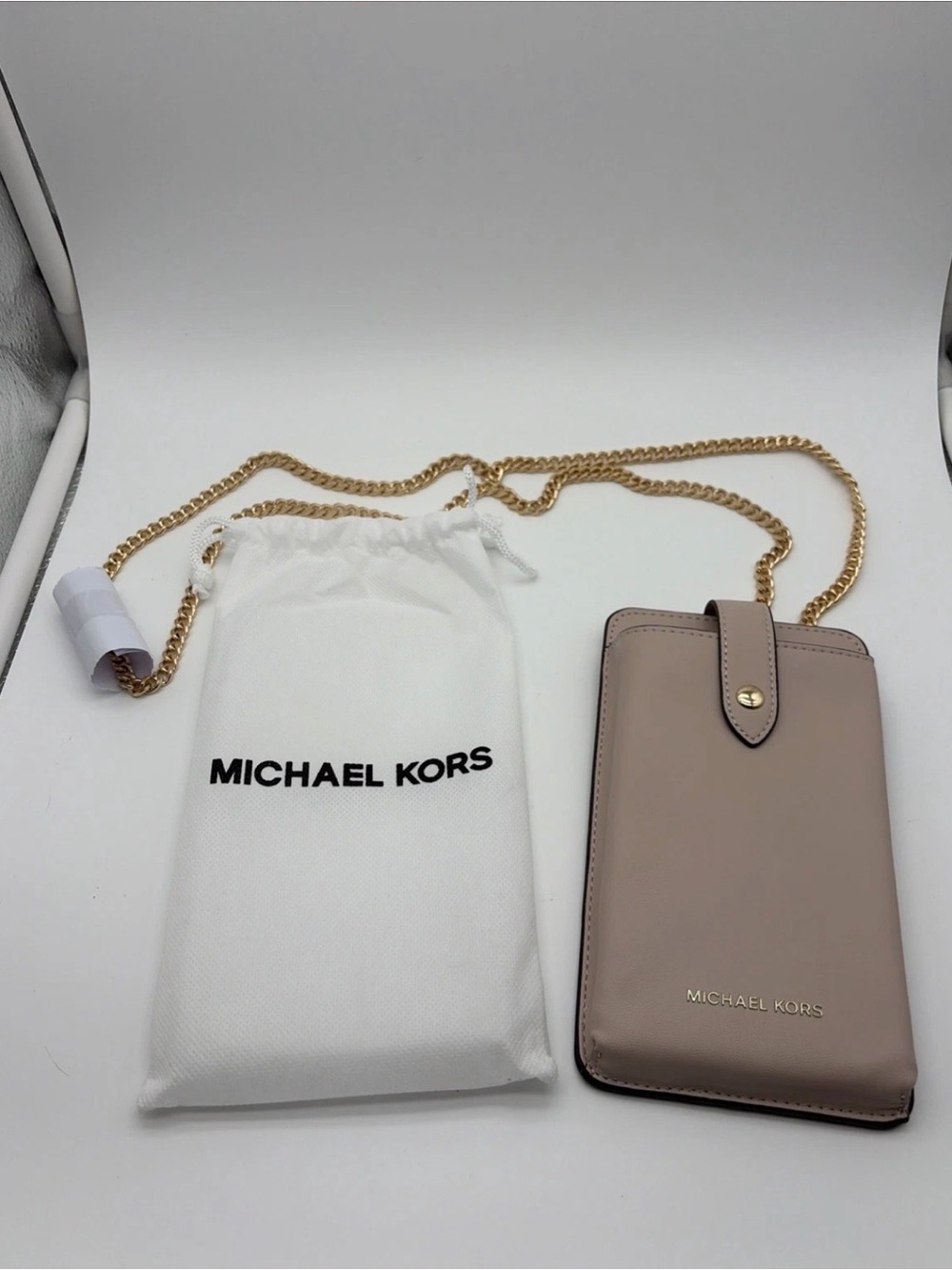Michael Kors Leather Crossbody Phone Pouch - Blush Taupe with Gold Chain